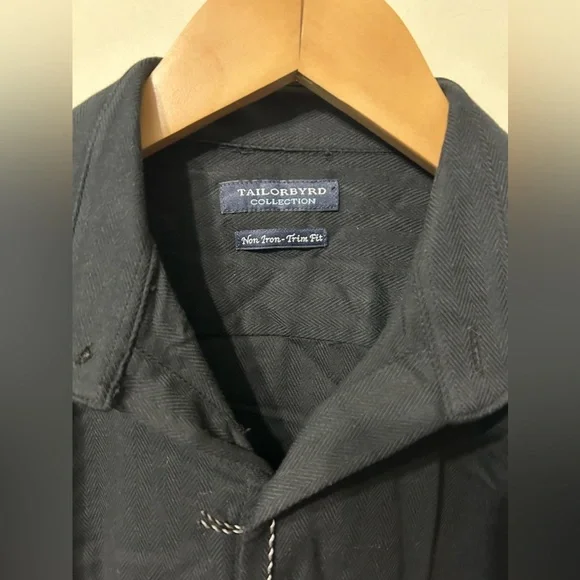 Tailorbyrd Black Dress herringbone Button down Iron Free Trim Fit - Picture 2 of 6